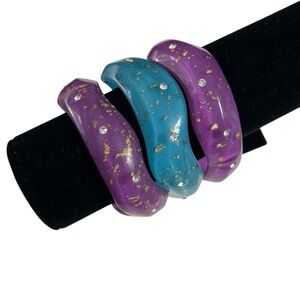 Purple & Blue Plastic Curvy Bangle Bracelet Clear Rhinestones 3pc Lot Vintage